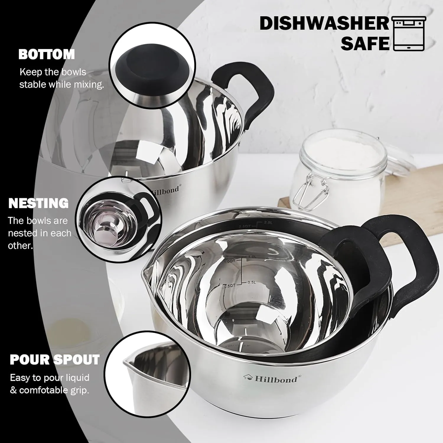 Hillbond Stainless Steel Bowls with Lids Set Mixing Bowls with Pour Spout, Silicone Handle and Non-Slip Bottoms for Baking, Metal Bowls Mixing Dishwasher Safe, Set of 3 (Black)