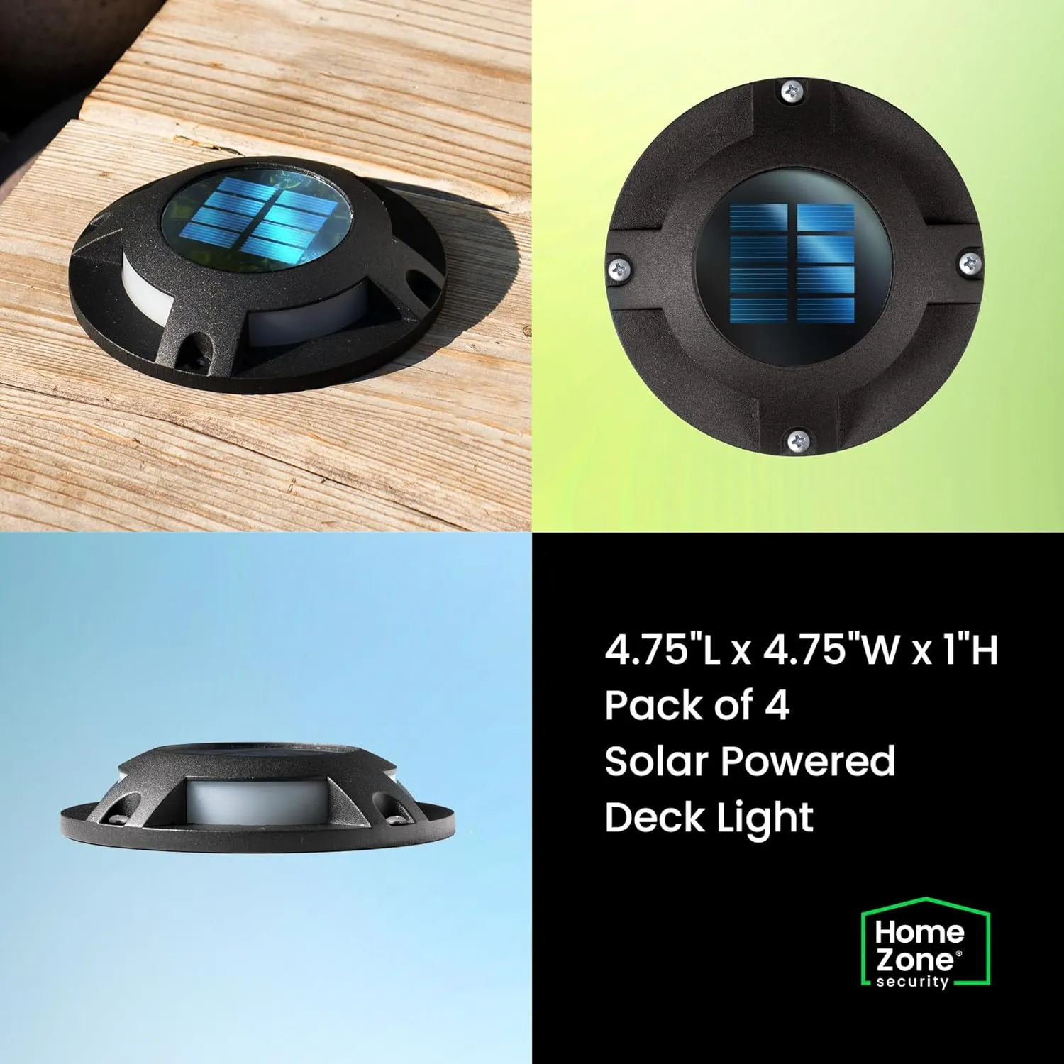 Home Zone Security 4 Packs Solar Deck Light Outdoor 20 Lumens Waterproof Weather Resistant, No Wiring, Auto On Sensor Fence Light, Durable Aluminum Plastic Case for Decor Step Pathway Backyard Garden