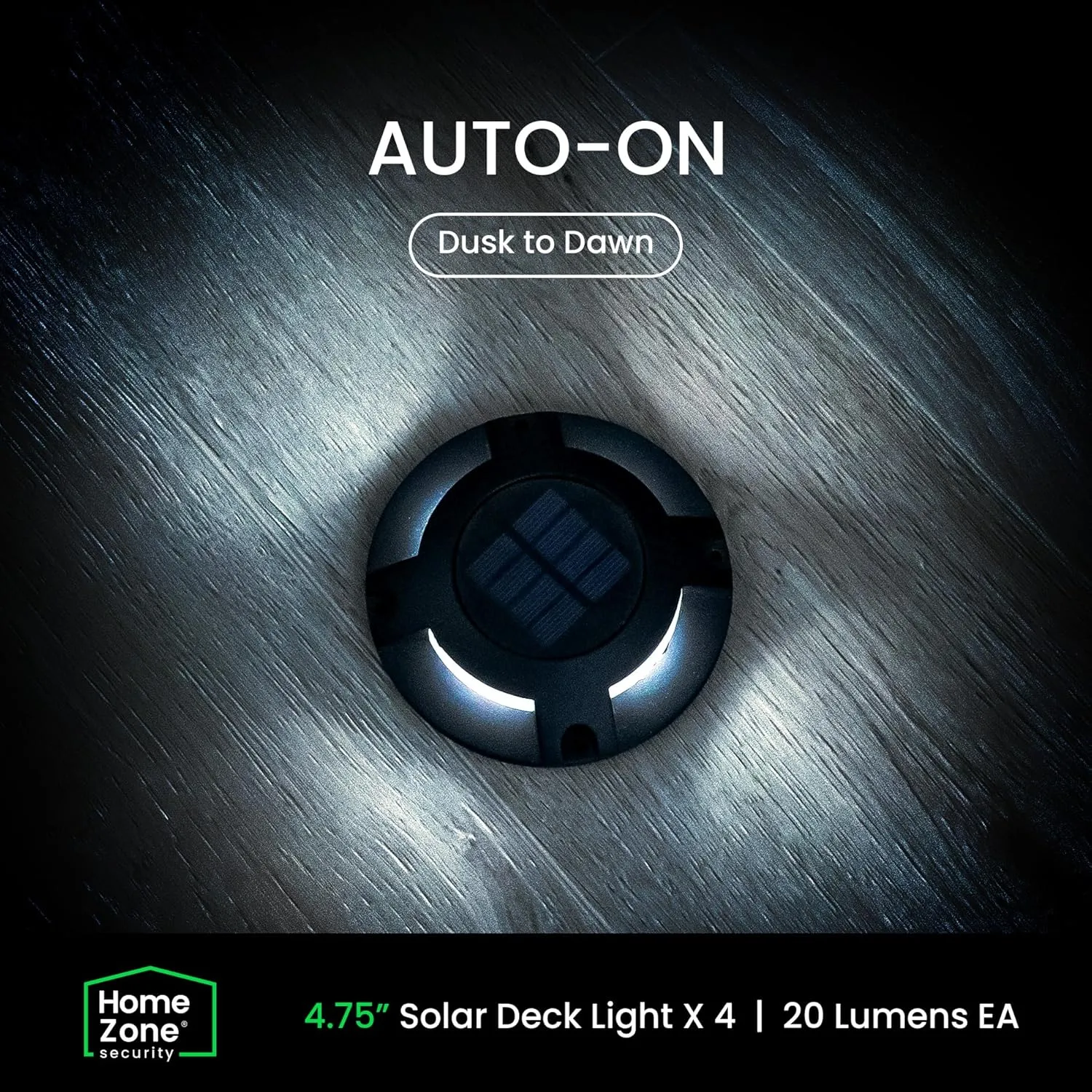 Home Zone Security 4 Packs Solar Deck Light Outdoor 20 Lumens Waterproof Weather Resistant, No Wiring, Auto On Sensor Fence Light, Durable Aluminum Plastic Case for Decor Step Pathway Backyard Garden