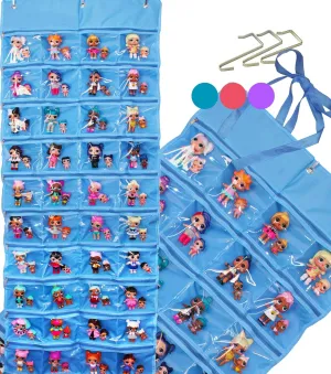 HOME4 LOL Toys Hanging Over The Door Storage Organizer Carrying Travel, 40 Clear View Pockets, Roll Up, for Small Dolls, Cars, Jewelry, Hair Accessories, Arts & Crafts, Bead, Sewing and More (Blue)