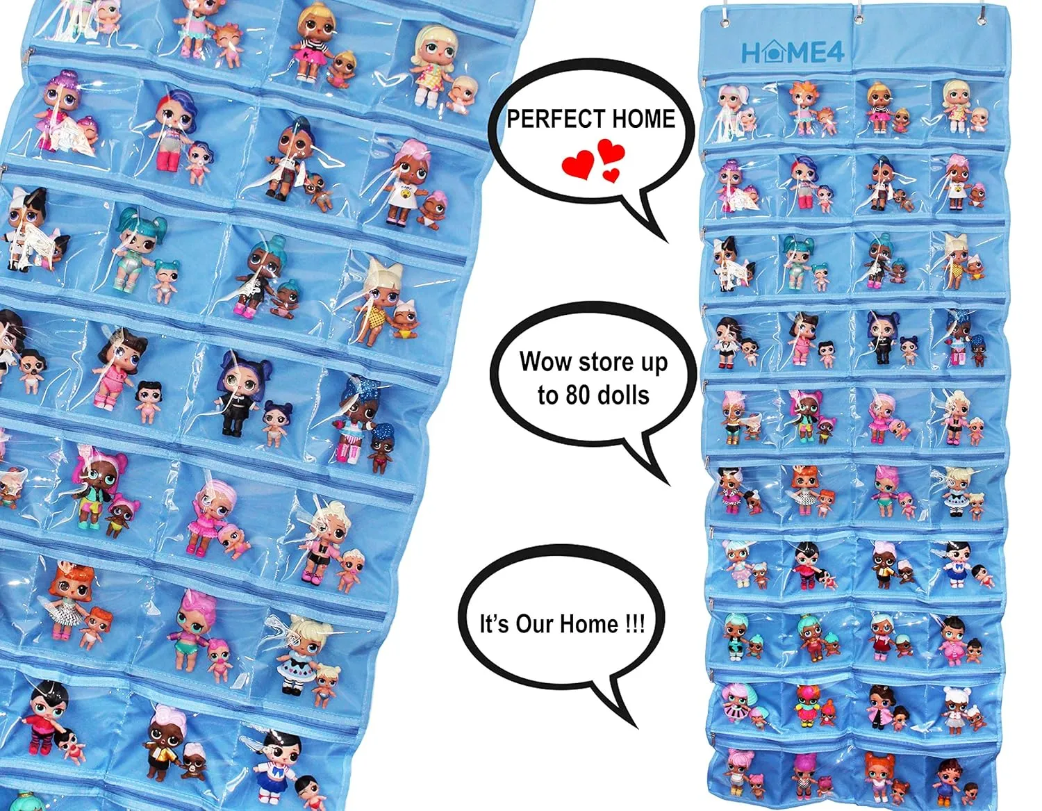 HOME4 LOL Toys Hanging Over The Door Storage Organizer Carrying Travel, 40 Clear View Pockets, Roll Up, for Small Dolls, Cars, Jewelry, Hair Accessories, Arts & Crafts, Bead, Sewing and More (Blue)