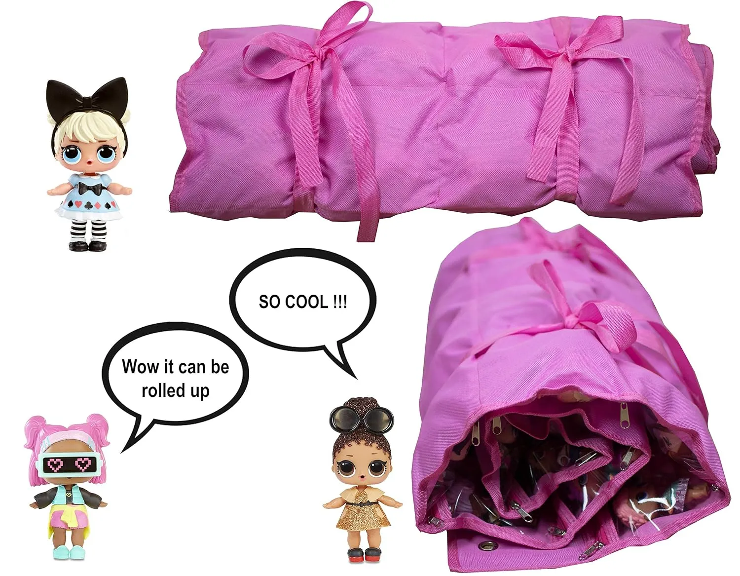 HOME4 LOL Toys Hanging Over The Door Storage Organizer Carrying Travel, 40 Clear View Pockets, Roll Up, for Small Dolls, Cars, Jewelry, Hair Accessories, Arts & Crafts, Bead, Sewing and More (Pink)