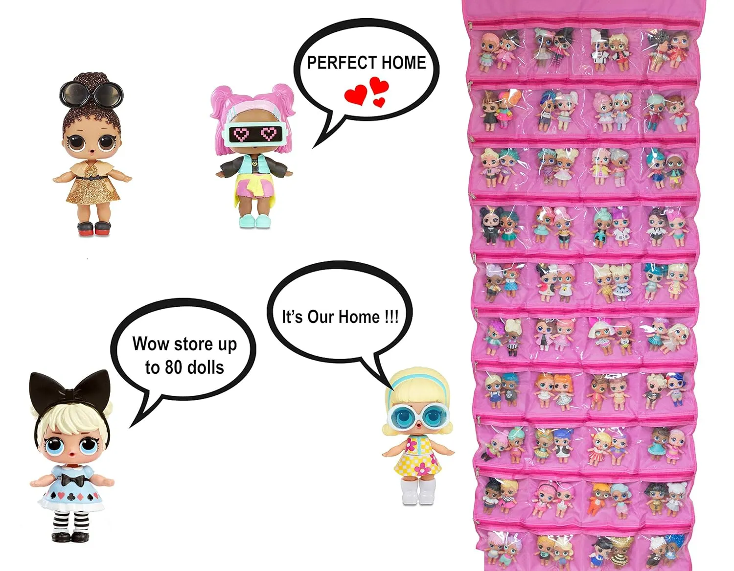 HOME4 LOL Toys Hanging Over The Door Storage Organizer Carrying Travel, 40 Clear View Pockets, Roll Up, for Small Dolls, Cars, Jewelry, Hair Accessories, Arts & Crafts, Bead, Sewing and More (Pink)