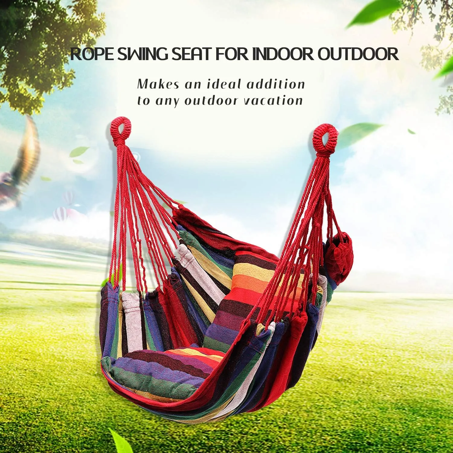 Hommtina Hammock Chair Hanging Rope Swing, Max 300 Lbs Hanging Chair with Pocket & Durability Perfect for Outdoor, Home, Bedroom, Patio, Yard (Pillows NOT Included,Colorful)