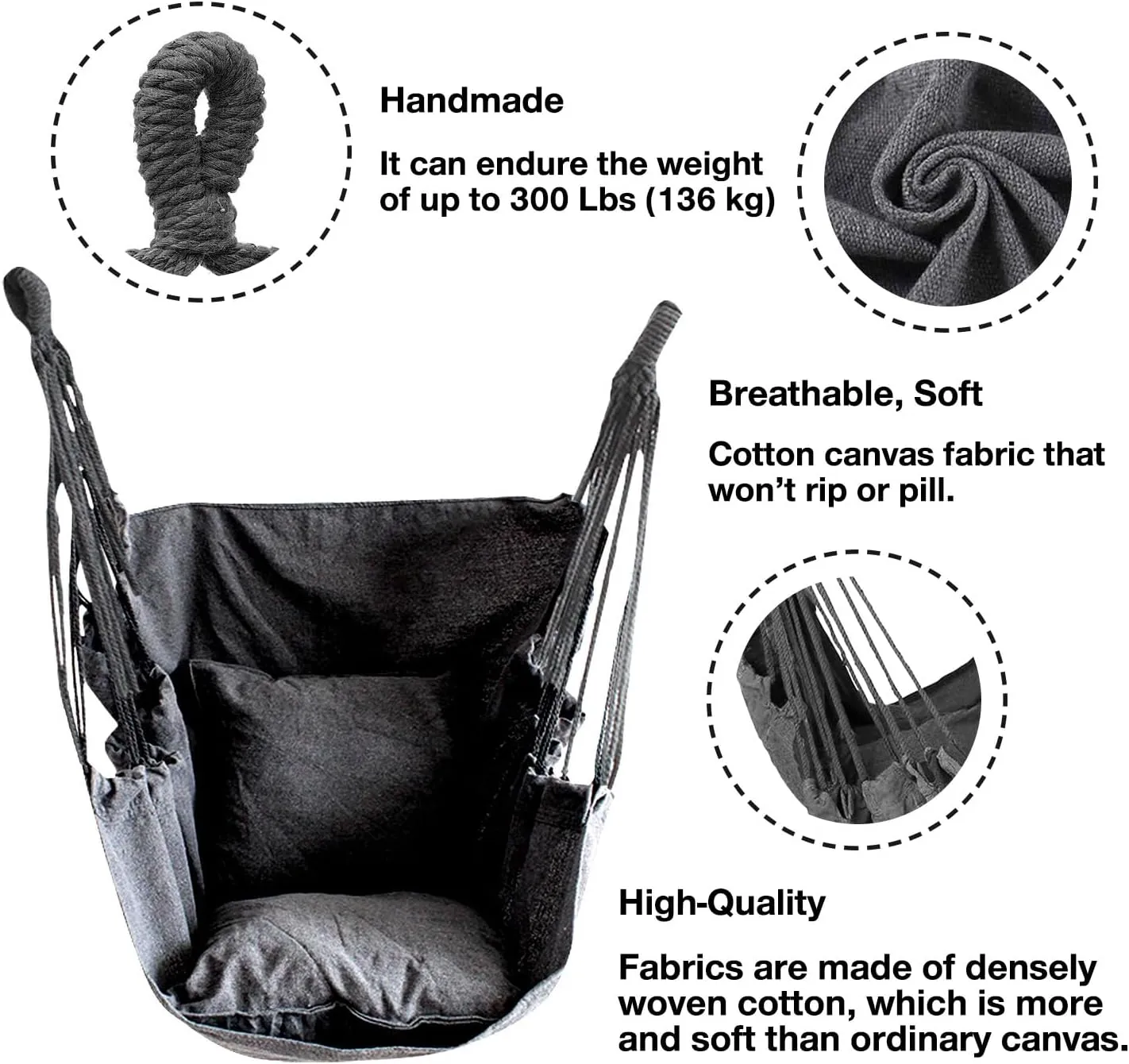 Hommtina Hammock Chair Hanging Rope Swing, Max 300 Lbs Hanging Chair with Pocket & Durability Perfect for Outdoor, Home, Bedroom, Patio, Yard (Pillows NOT Included,Dark Gray)