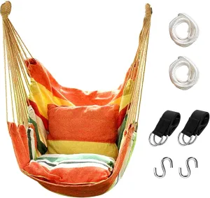 Hommtina Hammock Chair Hanging Rope Swing, Max 300 Lbs Hanging Chair with Pocket & Durability Perfect for Outdoor, Home, Bedroom, Patio, Yard (Pillows NOT Included,Orange)