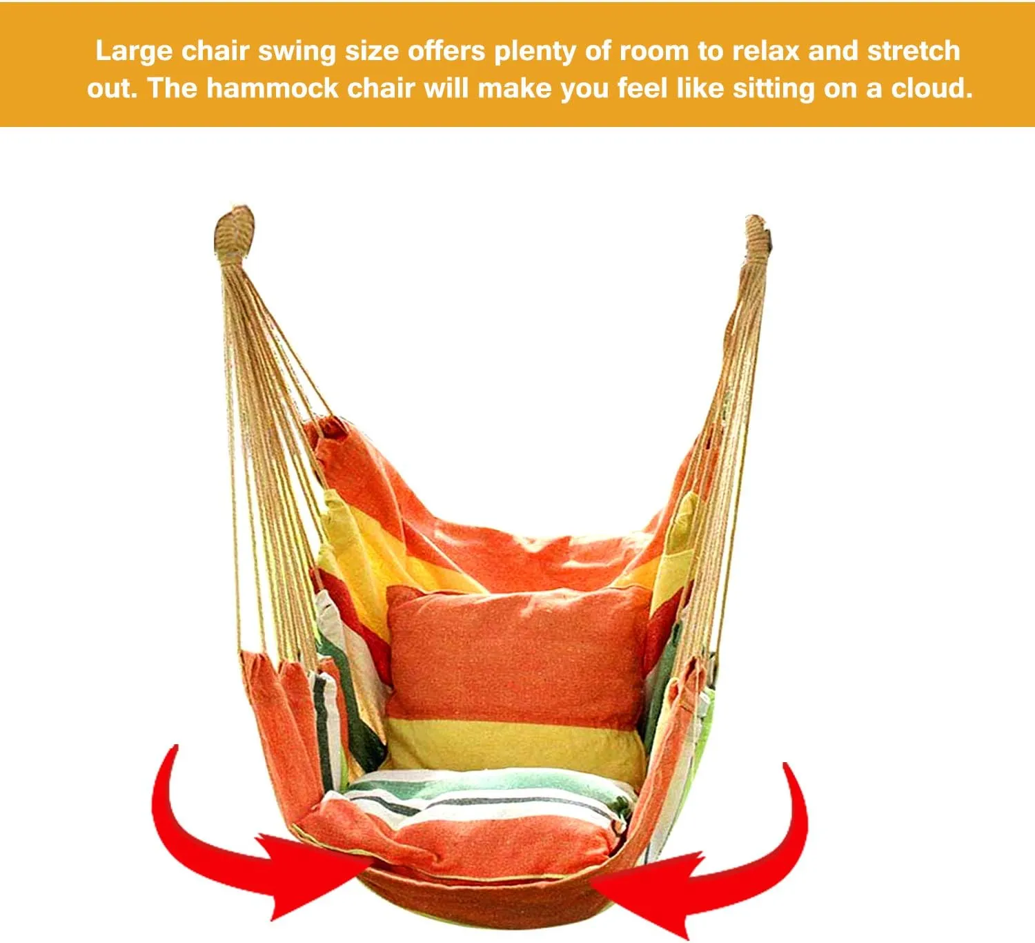 Hommtina Hammock Chair Hanging Rope Swing, Max 300 Lbs Hanging Chair with Pocket & Durability Perfect for Outdoor, Home, Bedroom, Patio, Yard (Pillows NOT Included,Orange)