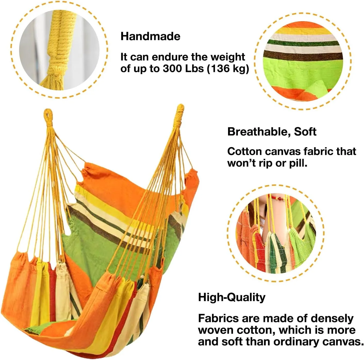 Hommtina Hammock Chair Hanging Rope Swing, Max 300 Lbs Hanging Chair with Pocket & Durability Perfect for Outdoor, Home, Bedroom, Patio, Yard (Pillows NOT Included,Orange)