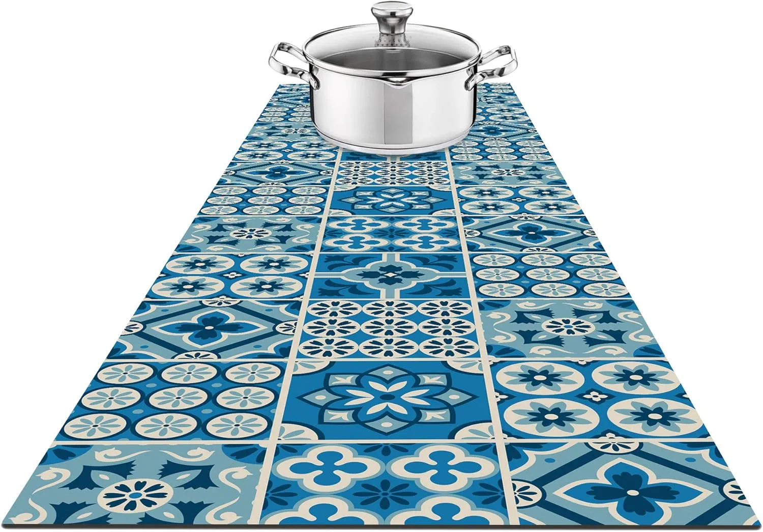 Hotrun 2 in 1 Heat Resistant Trivet & Table Runner, 47 Inches Long Trivet for Hot Pots and Pans, Handles Heat Up to 356F, Anti Slip, Waterproof, Ideal for Kitchen Countertopst (Floral Blue)