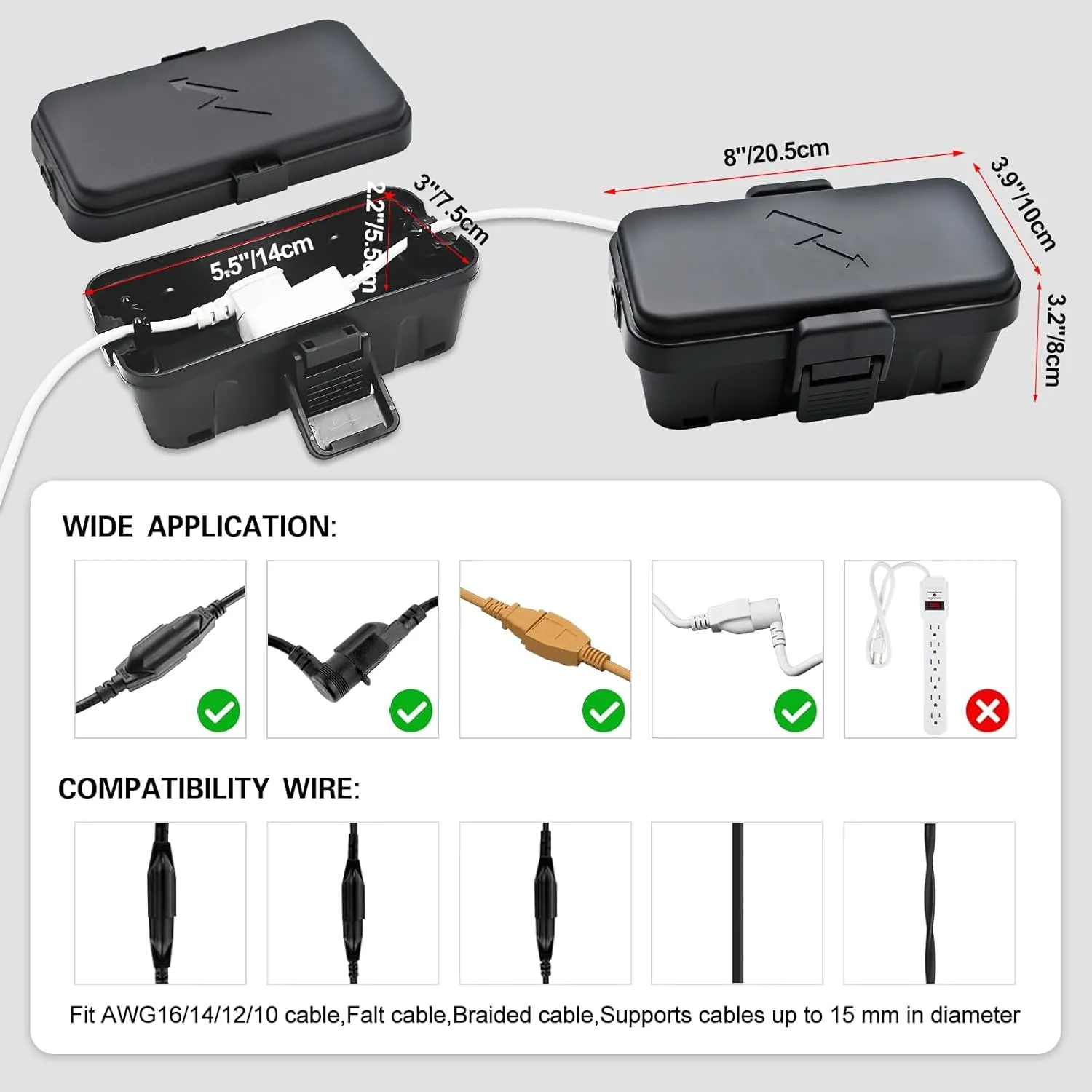 Hrensaw IP54 Large Outdoor Electrical Box w/ 8 Cable Seal Entry, Bundle w/ 3 Small Weatherproof Extension Cord Safety Box, Protect Power Strip, Timer Outlet Plug, Holiday Lights Decoration, Black