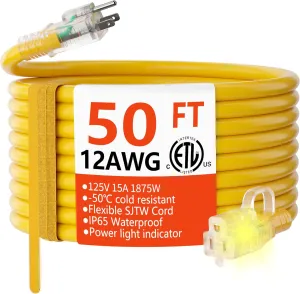 HUANCHAIN 12/3 Gauge Heavy Duty Outdoor Extension Cord 50 ft Waterproof with Lighted end, Flexible Cold-Resistant 3 Prong Electric Cord Outside, 15Amp 1875W 12AWG SJTW, Yellow, ETL