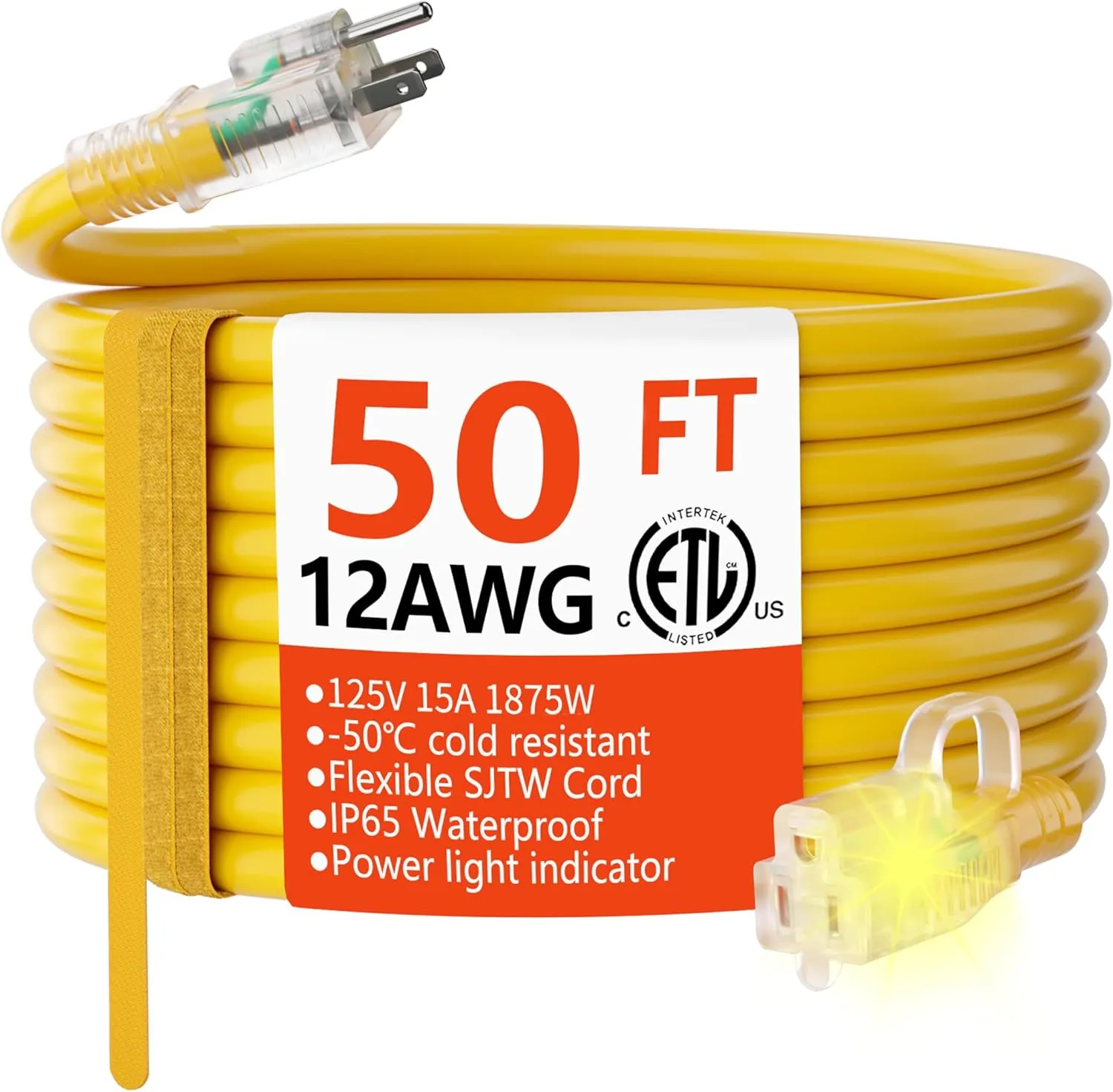 HUANCHAIN 12/3 Gauge Heavy Duty Outdoor Extension Cord 50 ft Waterproof with Lighted end, Flexible Cold-Resistant 3 Prong Electric Cord Outside, 15Amp 1875W 12AWG SJTW, Yellow, ETL