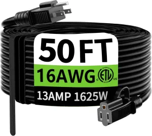 HUANCHAIN Indoor Outdoor Black Extension Cord 50 ft Waterproof, 16/3 Gauge Flexible Cold-Resistant Appliance Extension Cord Outside, 13A 1625W 16AWG SJTW, 3 Prong Heavy Duty Electric Cord, ETL