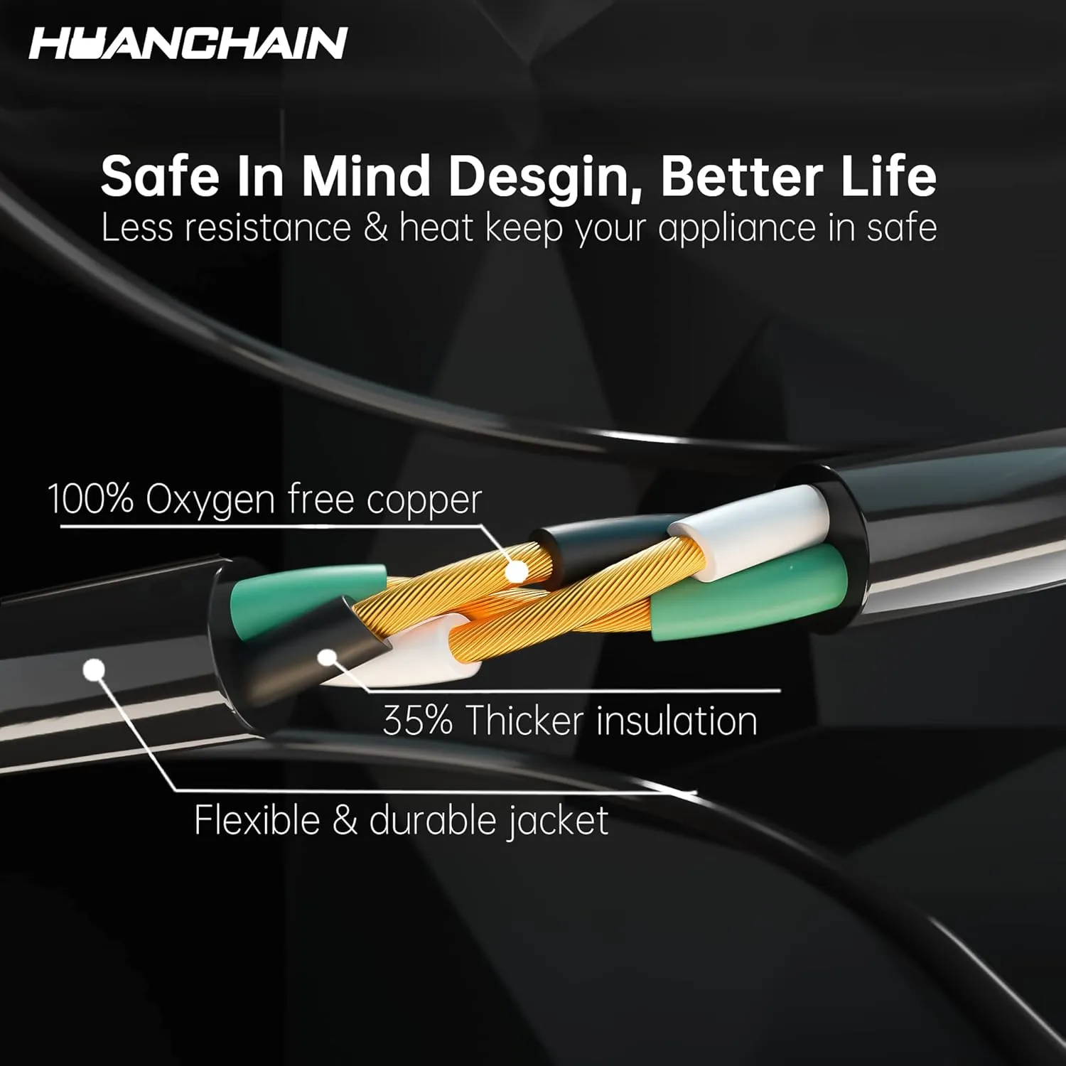 HUANCHAIN Indoor Outdoor Black Extension Cord 50 ft Waterproof, 16/3 Gauge Flexible Cold-Resistant Appliance Extension Cord Outside, 13A 1625W 16AWG SJTW, 3 Prong Heavy Duty Electric Cord, ETL