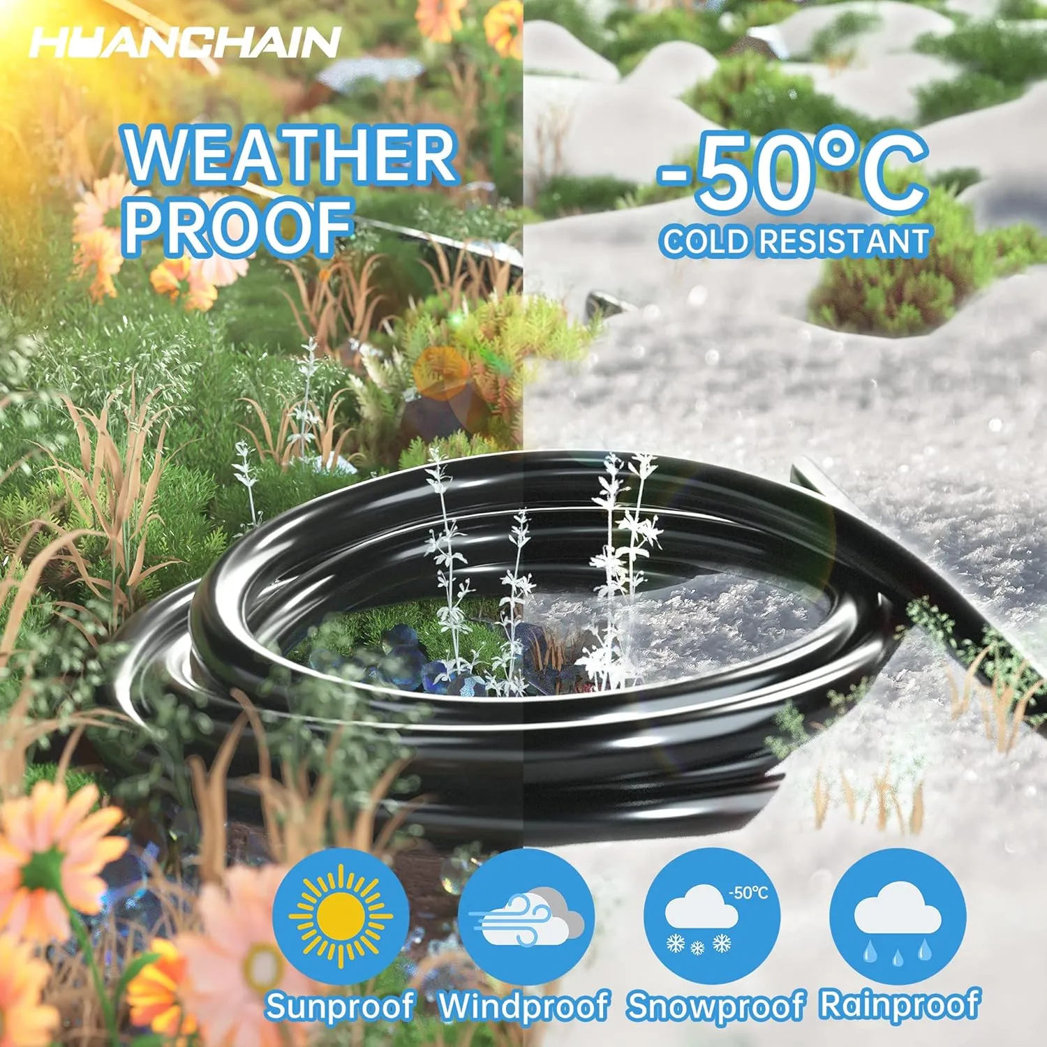 HUANCHAIN Indoor Outdoor Black Extension Cord 50 ft Waterproof, 16/3 Gauge Flexible Cold-Resistant Appliance Extension Cord Outside, 13A 1625W 16AWG SJTW, 3 Prong Heavy Duty Electric Cord, ETL