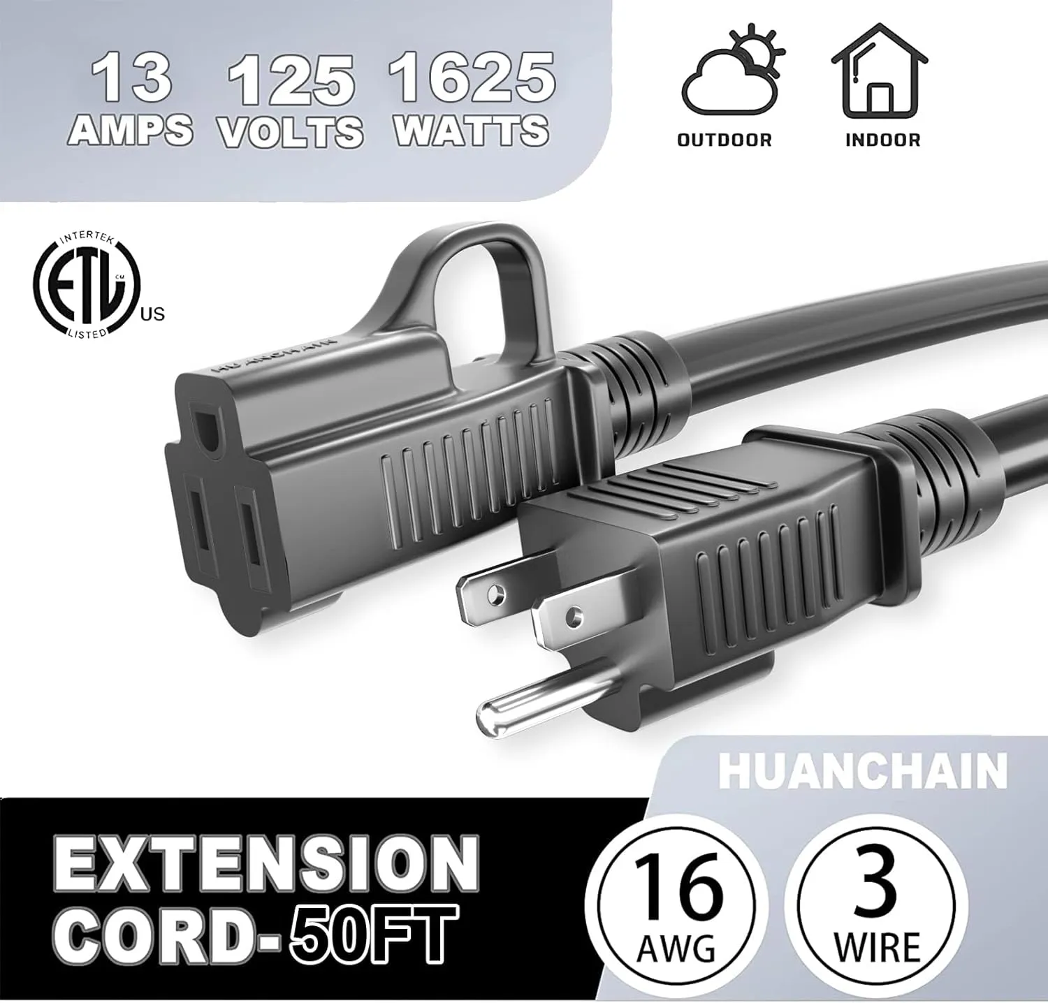 HUANCHAIN Indoor Outdoor Black Extension Cord 50 ft Waterproof, 16/3 Gauge Flexible Cold-Resistant Appliance Extension Cord Outside, 13A 1625W 16AWG SJTW, 3 Prong Heavy Duty Electric Cord, ETL