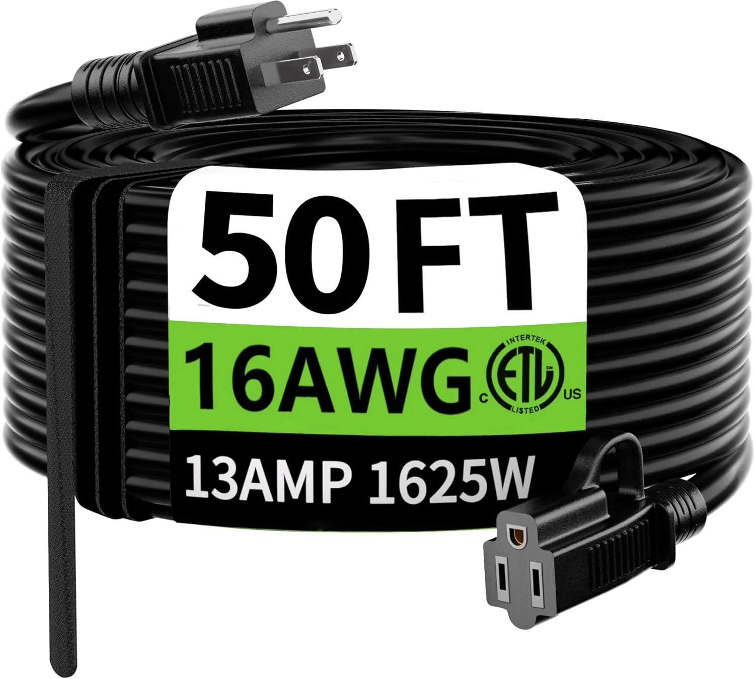 HUANCHAIN Indoor Outdoor Black Extension Cord 50 ft Waterproof, 16/3 Gauge Flexible Cold-Resistant Appliance Extension Cord Outside, 13A 1625W 16AWG SJTW, 3 Prong Heavy Duty Electric Cord, ETL