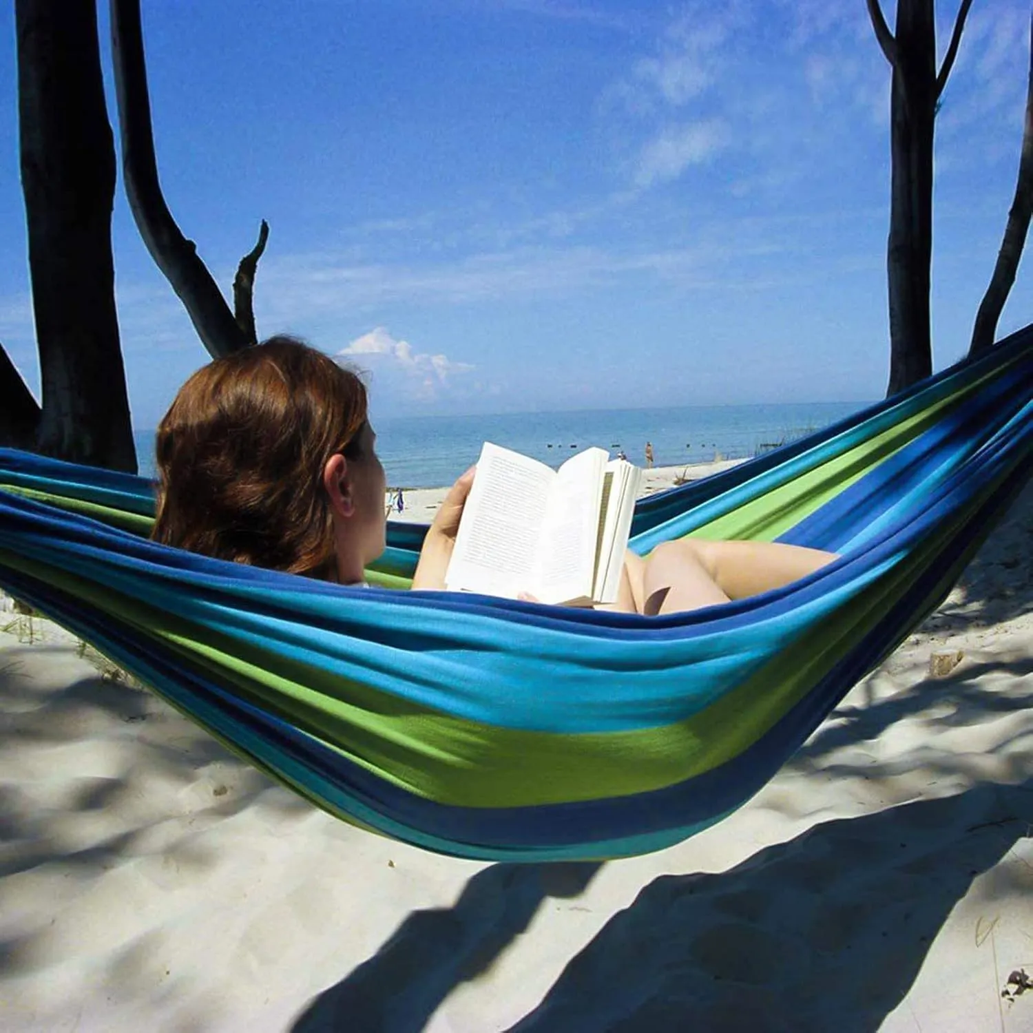 HUHJYUGE Camping Hammock, Portable Hammocks, Hammocks for Outside, Cotton Hammock with 2 Tree Straps and Carry Bag, for Outdoor Hiking, Backpacking, Travel, Backyard, Beach (C 260x150cm)