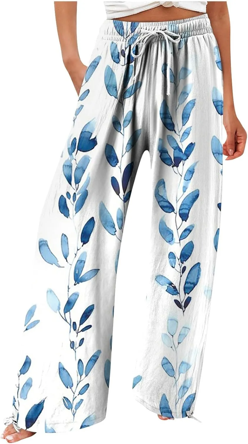 HXHYQKP Women Cotton Linen Palazzo Pants Summer Wide Leg High Waist Lounge Flowy Adjustable Pant Trousers with Pockets 2024