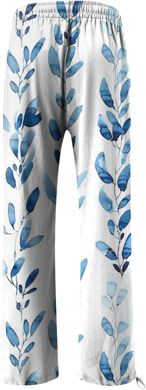 HXHYQKP Women Cotton Linen Palazzo Pants Summer Wide Leg High Waist Lounge Flowy Adjustable Pant Trousers with Pockets 2024
