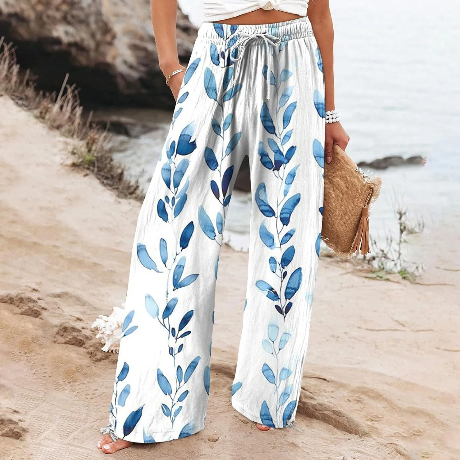 HXHYQKP Women Cotton Linen Palazzo Pants Summer Wide Leg High Waist Lounge Flowy Adjustable Pant Trousers with Pockets 2024