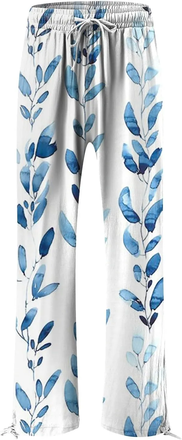 HXHYQKP Women Cotton Linen Palazzo Pants Summer Wide Leg High Waist Lounge Flowy Adjustable Pant Trousers with Pockets 2024