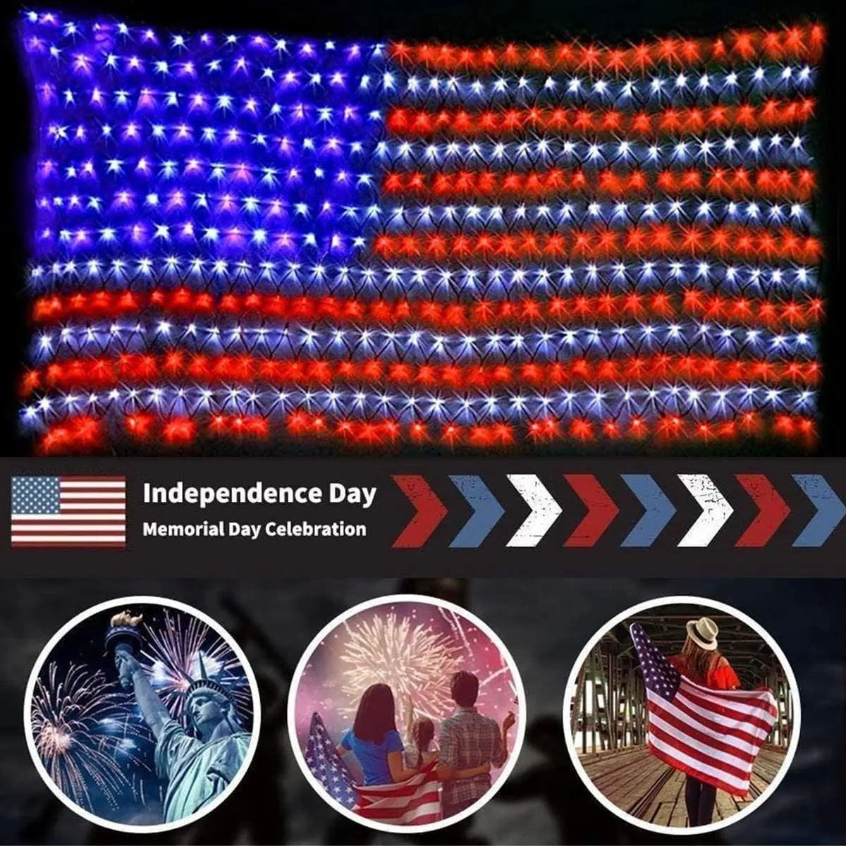 HYH American Flag Lights Outdoor Solar String Lights with 420 Super Bright LED Waterproof Flag Net Light of The United States for Yard,Garden,Festival,Holiday,4th of July,Independence Day Decoration