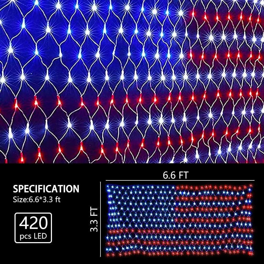 HYH American Flag Lights Outdoor Solar String Lights with 420 Super Bright LED Waterproof Flag Net Light of The United States for Yard,Garden,Festival,Holiday,4th of July,Independence Day Decoration