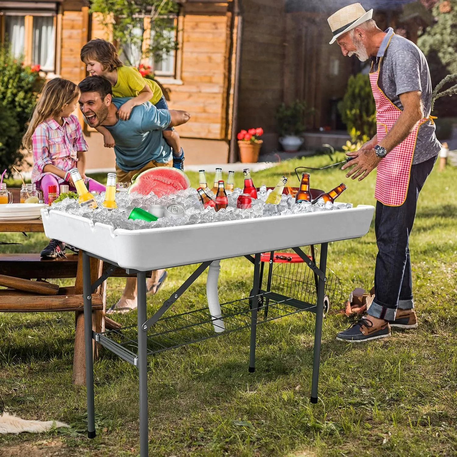 Ice Cooler Table with Skirt and Drain, Foldable Patio Cooler Table Keep Food Chill Fresh, Portable Fish Cleaning Station Outdoor for Party Picnic Camping BBQ
