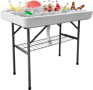Ice Cooler Table with Skirt and Drain, Foldable Patio Cooler Table Keep Food Chill Fresh, Portable Fish Cleaning Station Outdoor for Party Picnic Camping BBQ
