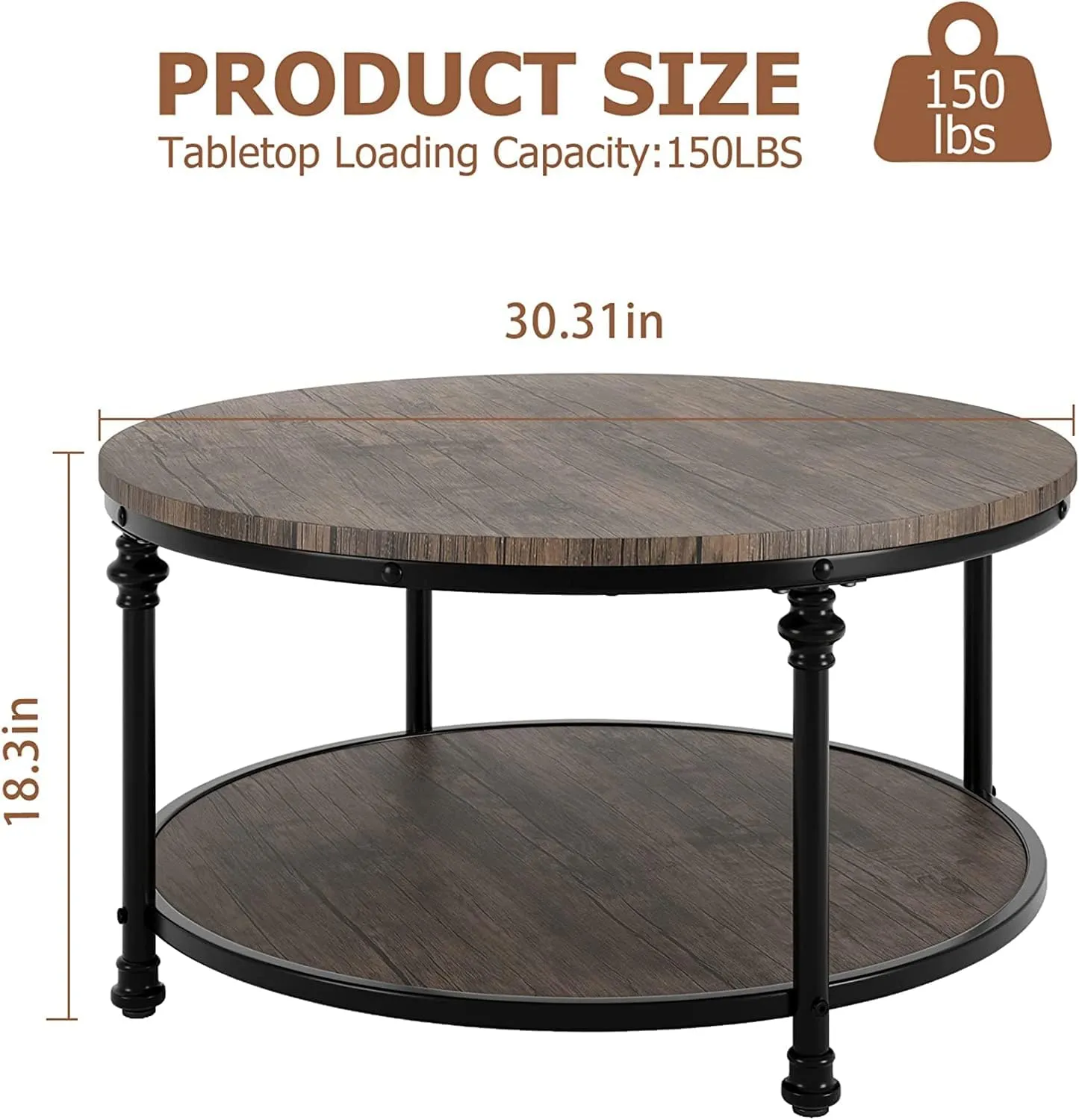 IDEALHOUSE Round Coffee Table for Living Room Rustic Center Table with Storage Shelf Wood Circle Coffee Table with Sturdy Metal Legs, Easy Assembly