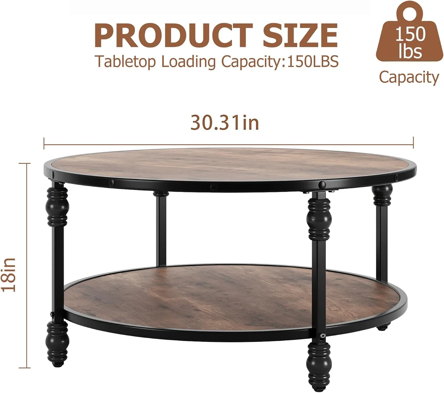 IDEALHOUSE Round Coffee Table for Living Room Rustic Center Table with Storage Shelf Wood Circle Coffee Table with Sturdy Metal Legs, Easy Assembly