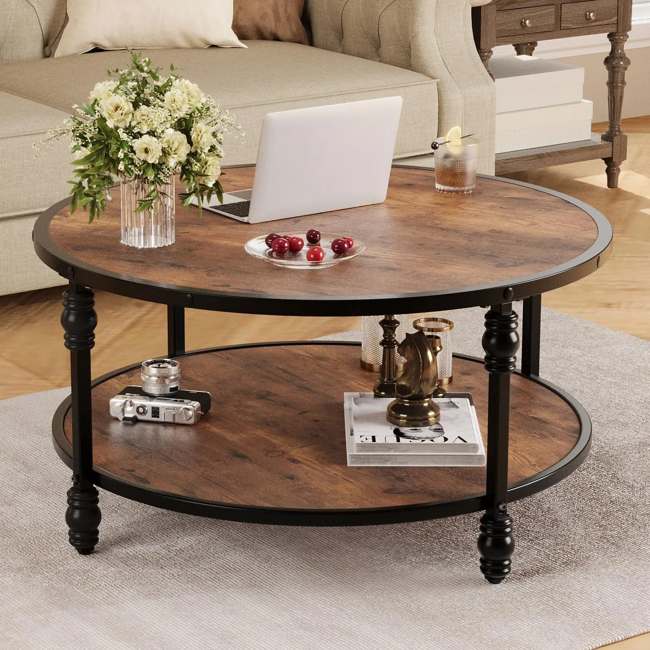IDEALHOUSE Round Coffee Table for Living Room Rustic Center Table with Storage Shelf Wood Circle Coffee Table with Sturdy Metal Legs, Easy Assembly