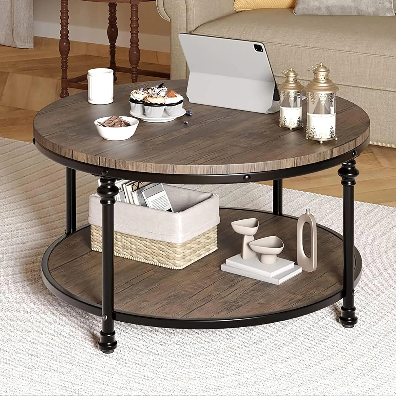 IDEALHOUSE Round Coffee Table for Living Room Rustic Center Table with Storage Shelf Wood Circle Coffee Table with Sturdy Metal Legs, Easy Assembly