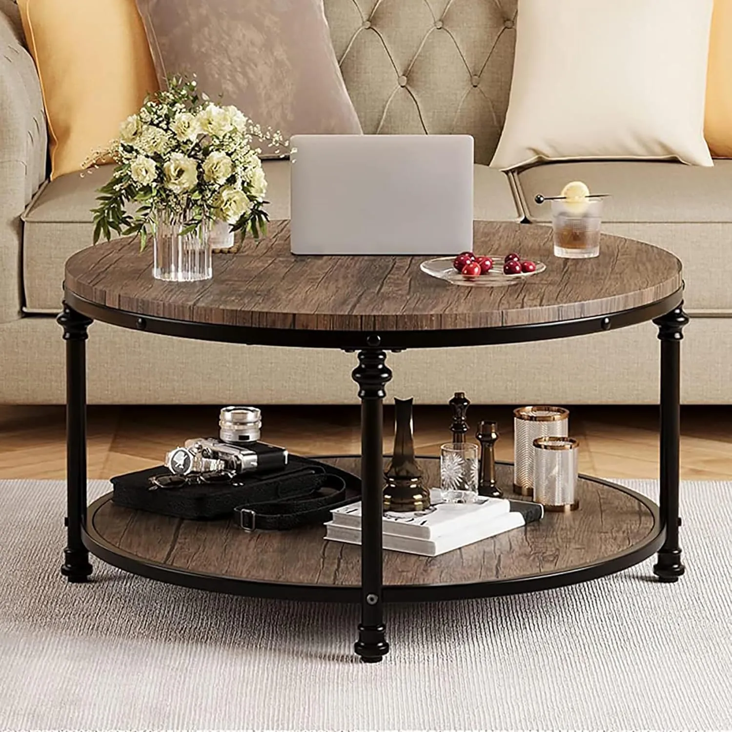 IDEALHOUSE Round Coffee Table for Living Room Rustic Center Table with Storage Shelf Wood Circle Coffee Table with Sturdy Metal Legs, Easy Assembly