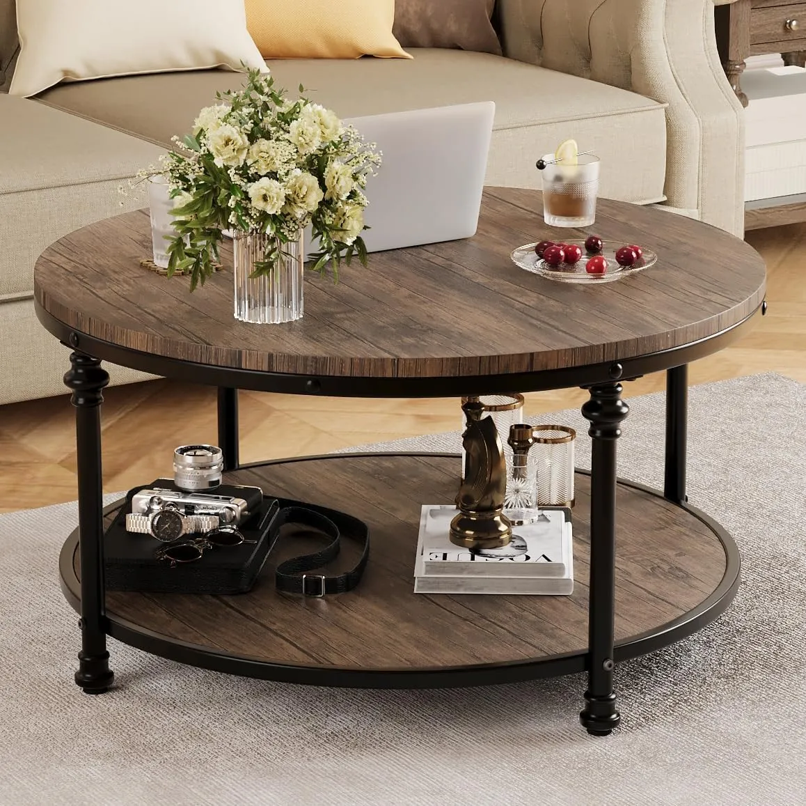 IDEALHOUSE Round Coffee Table for Living Room Rustic Center Table with Storage Shelf Wood Circle Coffee Table with Sturdy Metal Legs, Easy Assembly
