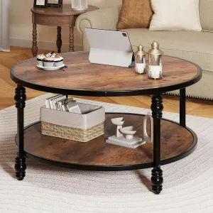 IDEALHOUSE Round Coffee Table for Living Room Rustic Center Table with Storage Shelf Wood Circle Coffee Table with Sturdy Metal Legs, Easy Assembly