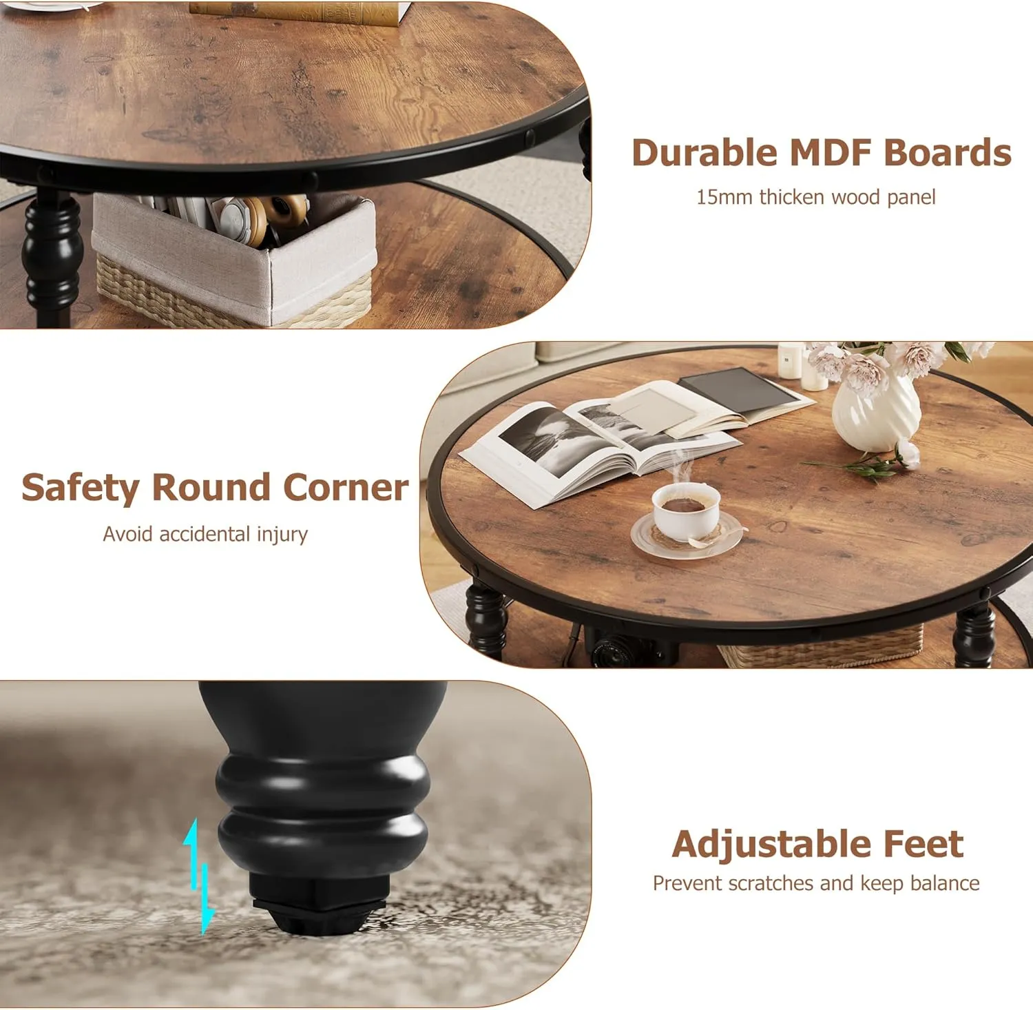 IDEALHOUSE Round Coffee Table for Living Room Rustic Center Table with Storage Shelf Wood Circle Coffee Table with Sturdy Metal Legs, Easy Assembly