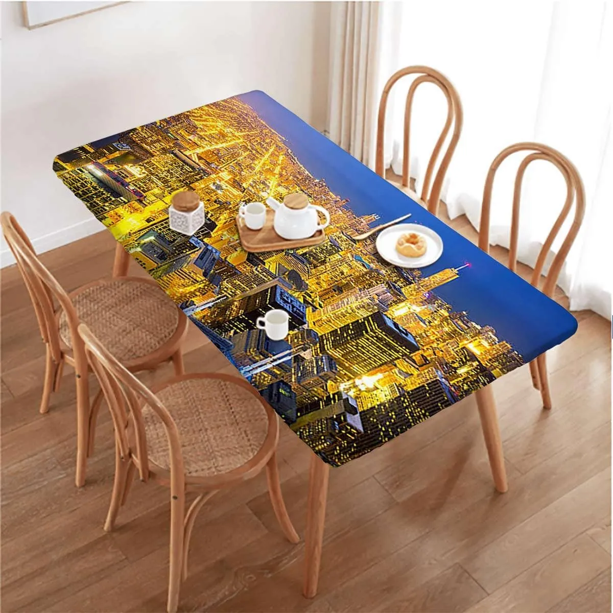 Indigo Orange Rectangle Table Cloth Cover, Sky at Night Luminous Town Picture Washable Spill Proof Table Covers Cityscape Fits up 4 Foot Tables