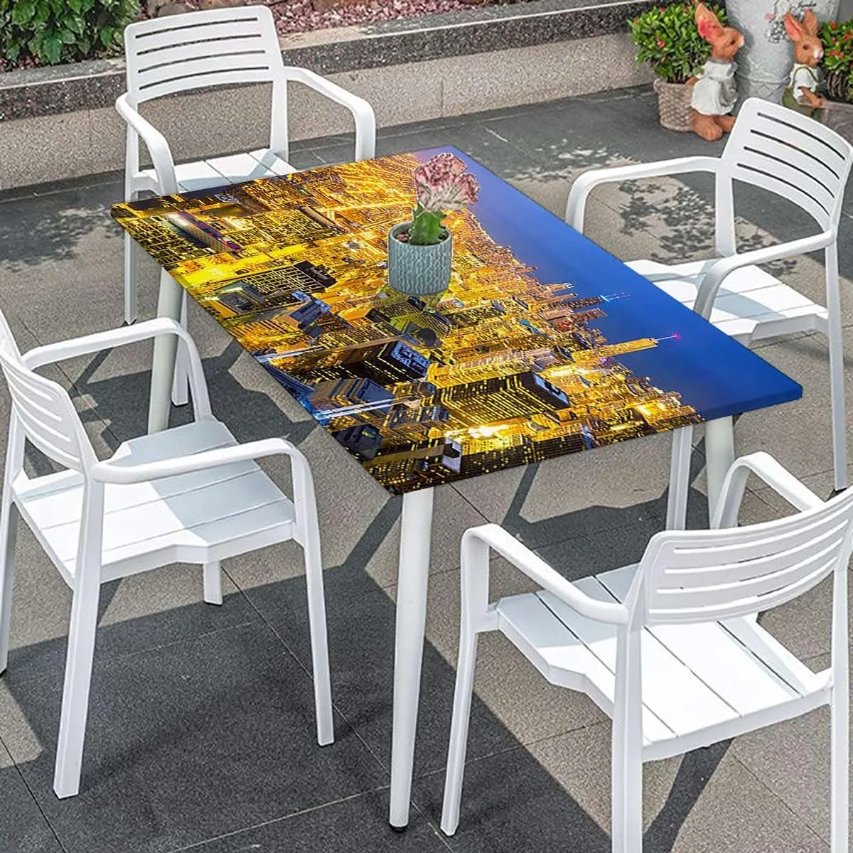 Indigo Orange Rectangle Table Cloth Cover, Sky at Night Luminous Town Picture Washable Spill Proof Table Covers Cityscape Fits up 4 Foot Tables