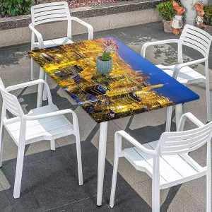 Indigo Orange Rectangle Table Cloth Cover, Sky at Night Luminous Town Picture Washable Spill Proof Table Covers Cityscape Fits up 4 Foot Tables