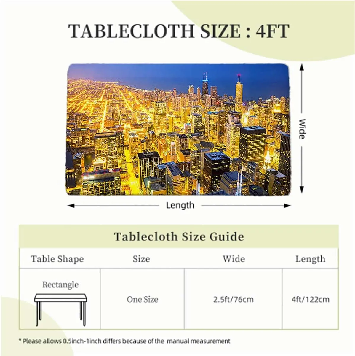Indigo Orange Rectangle Table Cloth Cover, Sky at Night Luminous Town Picture Washable Spill Proof Table Covers Cityscape Fits up 4 Foot Tables