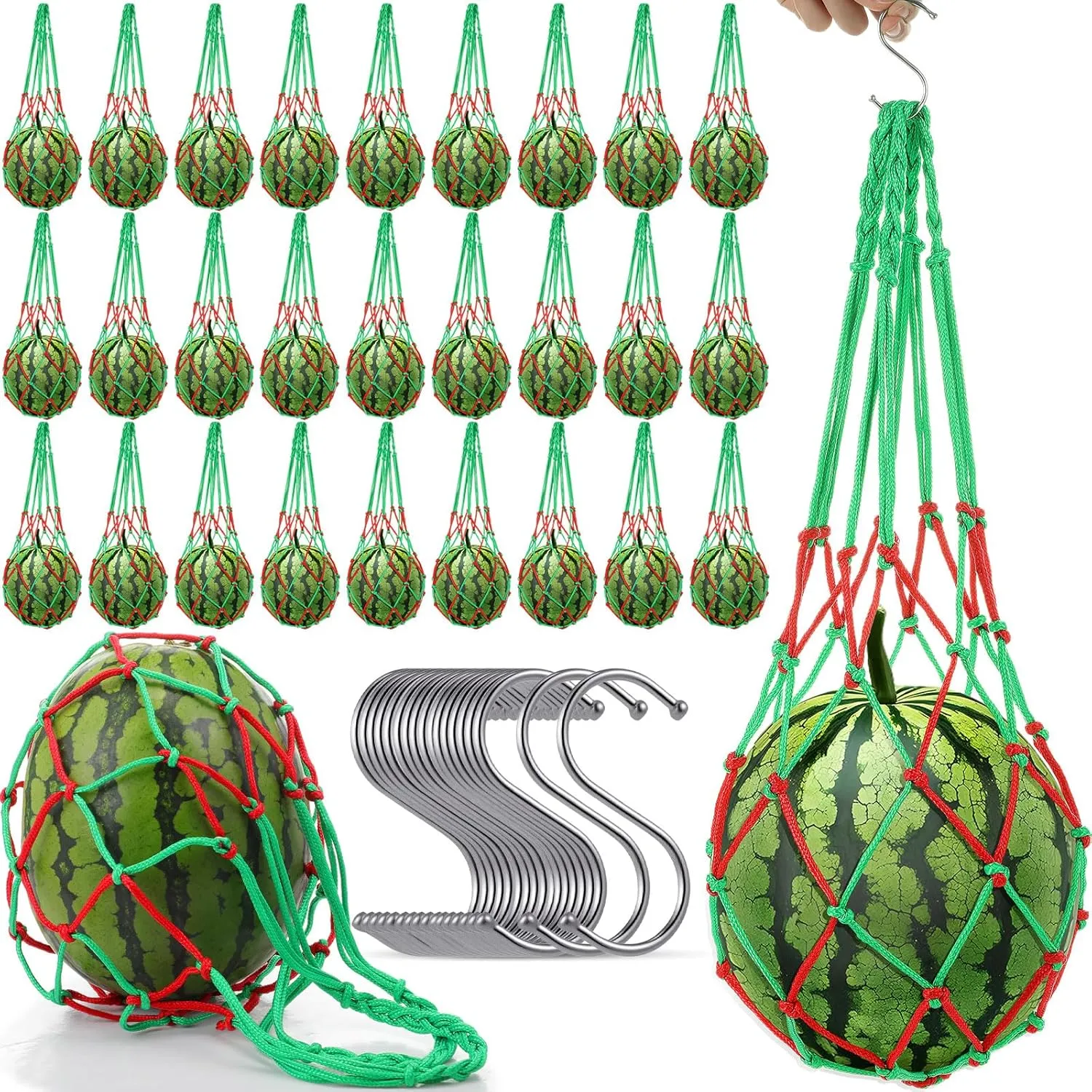 Irenare 30 Pack Melon Hammocks Cradles with S Hanging Hooks Heavy Duty Watermelon Hammock Net to Prevent Falling for Growing Cantaloupe Pumpkin Watermelon in Vertical Garden(Green,Red)