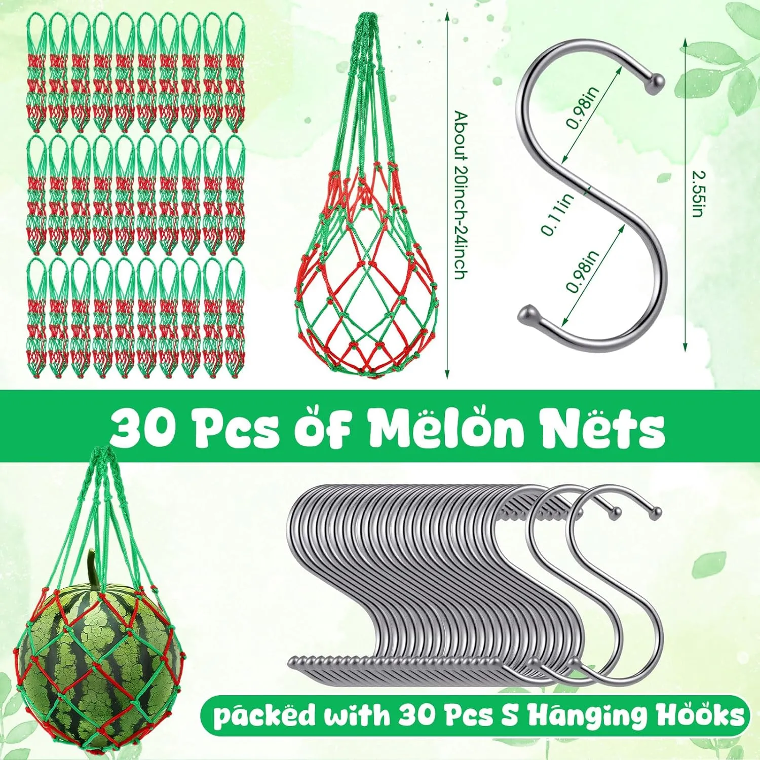 Irenare 30 Pack Melon Hammocks Cradles with S Hanging Hooks Heavy Duty Watermelon Hammock Net to Prevent Falling for Growing Cantaloupe Pumpkin Watermelon in Vertical Garden(Green,Red)