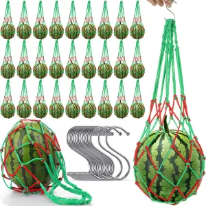Irenare 30 Pack Melon Hammocks Cradles with S Hanging Hooks Heavy Duty Watermelon Hammock Net to Prevent Falling for Growing Cantaloupe Pumpkin Watermelon in Vertical Garden(Green,Red)