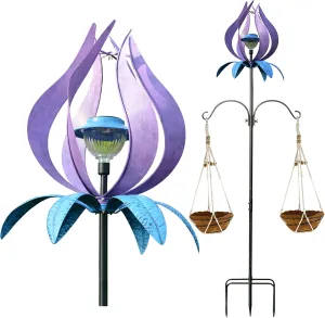 J-Fly Metal Wind Spinner Outdoor Terrace Windmill LED Solar Landscape Light Outdoor Garden Decoration for Lawn Garden Park Decoration Double Coconut Flower Basket Metal Pile 83 Inch