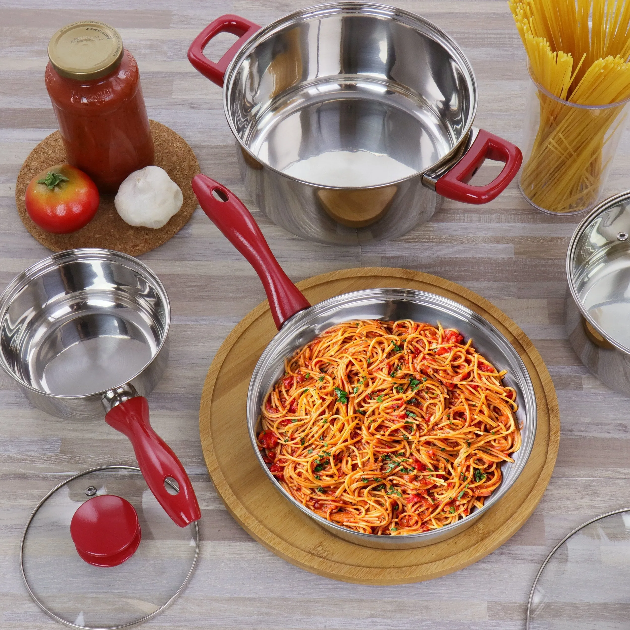 Jackson 7 Piece Silver Stainless Steel Cookware Set with Red Stay-Cool Handles