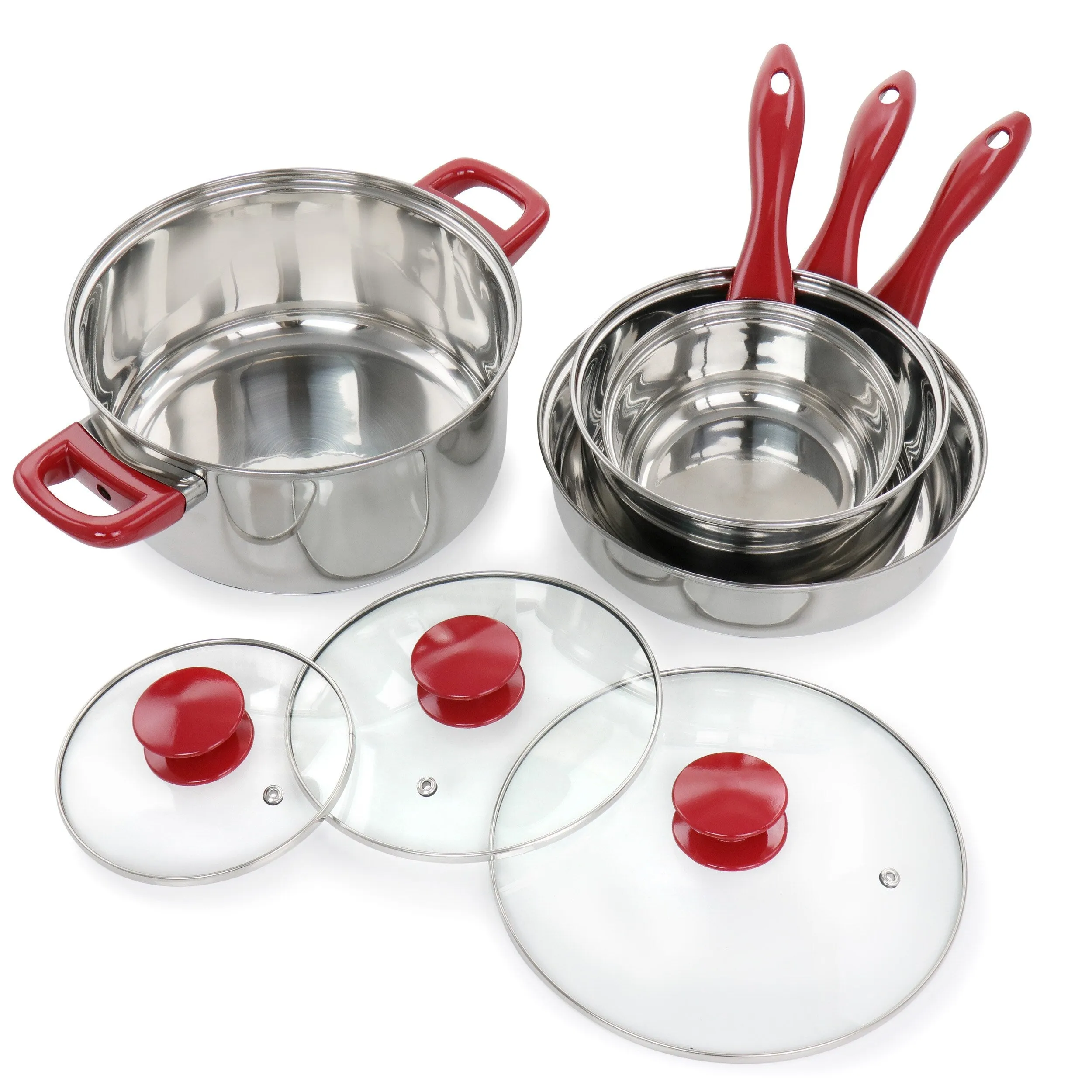 Jackson 7 Piece Silver Stainless Steel Cookware Set with Red Stay-Cool Handles