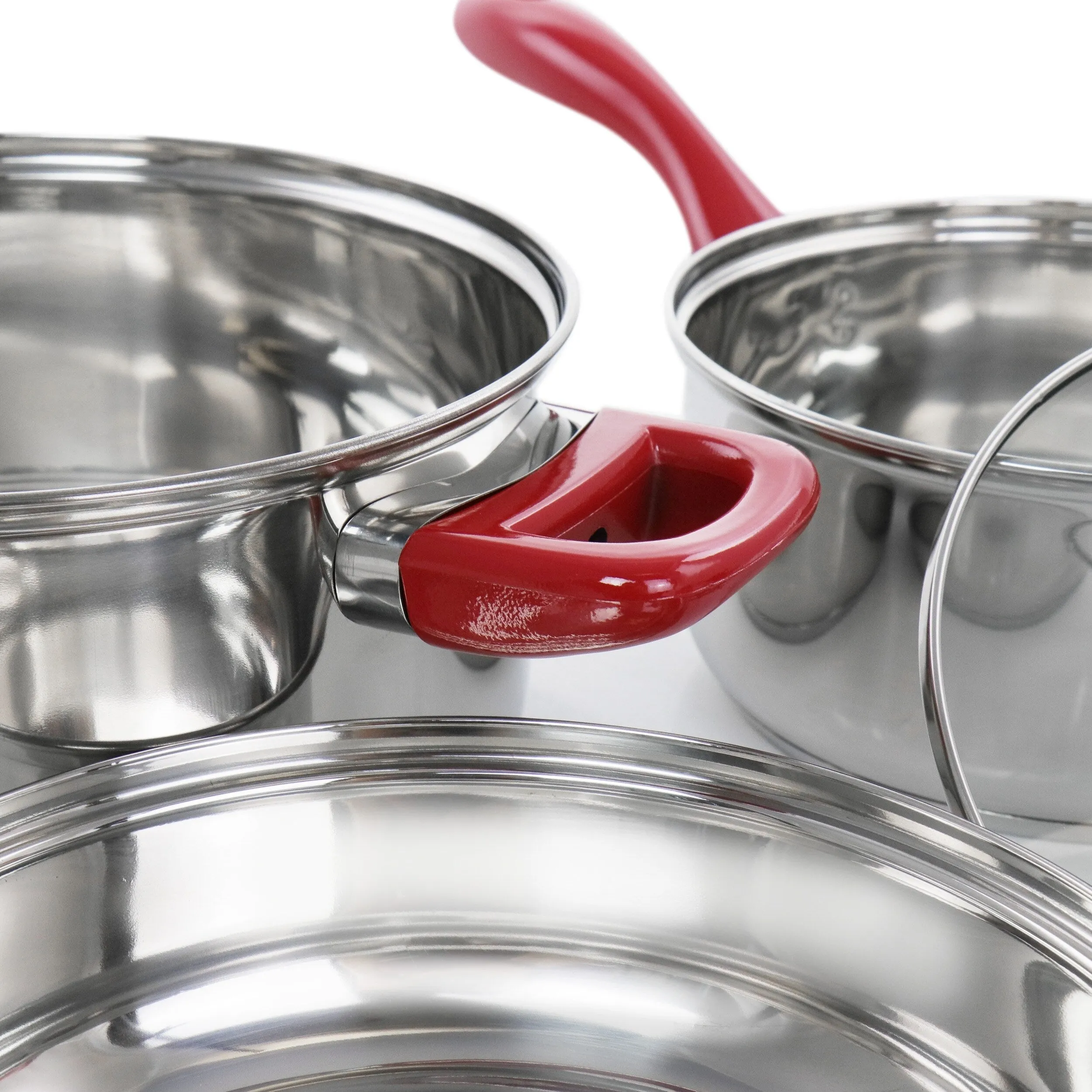Jackson 7 Piece Silver Stainless Steel Cookware Set with Red Stay-Cool Handles