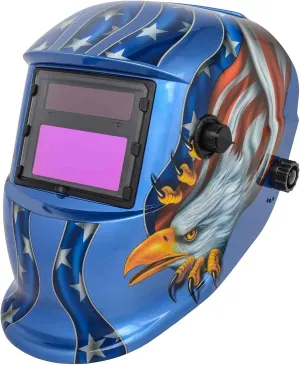 JEGS Welding Helmet | Adjustable | 3.62 in. x 1.65 in. Viewing Area | 9-13 Outside Shade Knob | Solar & Lithium Battery Power | Adjustable Sensitivity | Fully Automatic | American Eagle Design